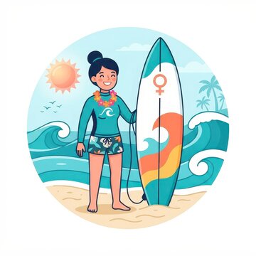 Woman surfer holding surfboard on tropical beach