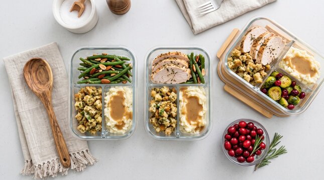 Prepared Thanksgiving meals in glass containers with turkey stuffing mashed potatoes and green beans during a bright studio shoot