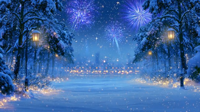 magical New Year winter landscape with snow covered trees, glowing lanterns, distant fireworks and sparkling snowfall beneath a deep blue sky, cinematic seasonal illustration, spacious foreground for