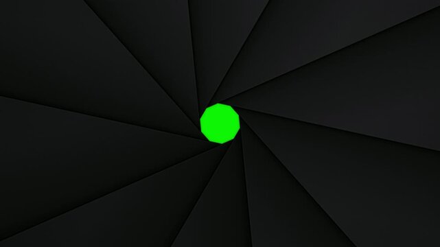 Camera Iris Shutter Transition on Green Screen. Dark Aperture Blades Closing and Opening Repeatedly With Changing Opening Sizes. Lens Diaphragm Chroma Key Animation