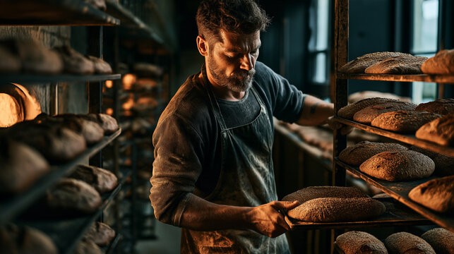 Baker placing rye bread loaves on rack in bakery