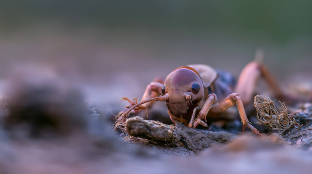 Brown insect crawling on soil surface in macro view