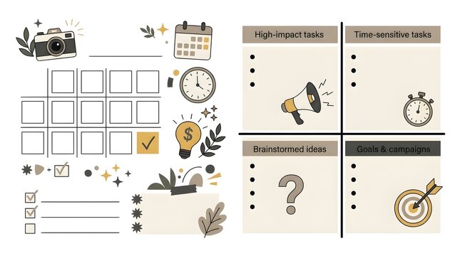 Productivity Planner and Task Management UI Elements Kit for Digital Marketing, Goal Setting, and Project Organization. Vector Illustration in Earthy Tones.