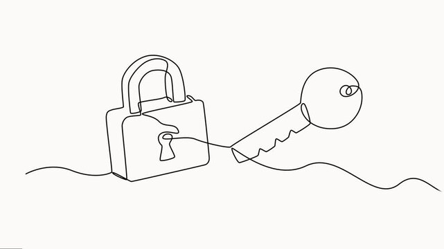 Self drawing animation one continuous line draw, Continuous line drawing of a closed padlock being unlocked by a metal key on a clean white background.