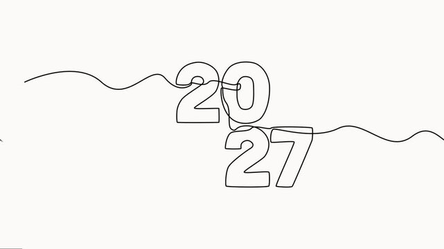 Self drawing animation one continuous line draw, Continuous line drawing of year 2027 evolving as a dynamic animated sequence on clean white canvas.