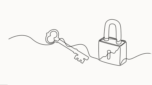 Self drawing animation one continuous line draw, Minimalist skeleton key and padlock drawing animation on white background for security concepts.