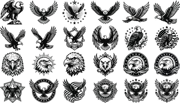 Vintage eagle emblem collection, 24 black and white bald eagle vector icons, patriotic american hawk mascot logos for apparel and branding