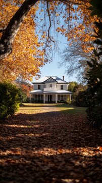 Classic two-story white residence with porch surrounded by vibrant orange fall foliage and leaves