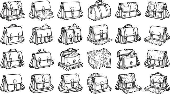 Vintage messenger bag and travel satchel collection, hand drawn sketch of 24 adventure luggage icons, retro leather briefcase and map vector set