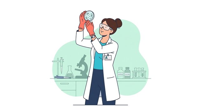 Female scientist in white coat analyzing a sample in a petri dish in a laboratory, flat vector illustration