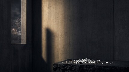 Obraz premium Minimalist dark concrete interior with scattering crystals on stone platform illuminated by moody warm window light
