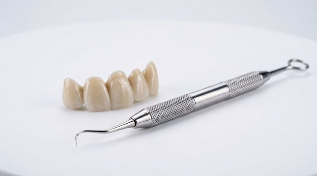 Macro dental photography of a flawless ceramic dental bridge beside a polished stainless steel tool on a pristine sterile white background.