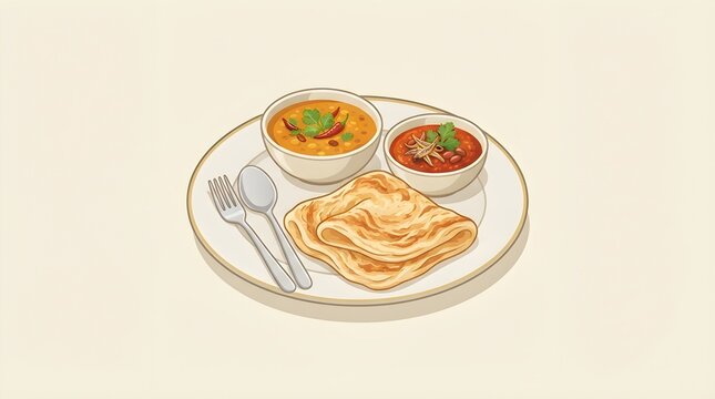 South Indian Kerala Parotta on Banana Leaf Served with Vegetable Curry and Raita Vector Illustration