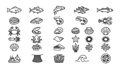 Fototapeta premium SEO Title: Seafood Restaurant Fish Lobster Crab Shrimp Editable Outline Vector Icons