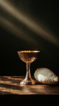 Eucharist silver goblet and bread on rustic wooden table with heavenly light beam on black background