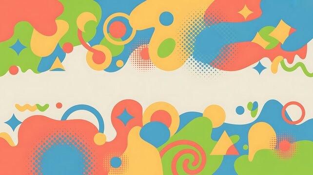 Abstract colorful vector background with playful organic shapes, halftone dots, spirals and bright geometric forms. Modern creative banner composition 