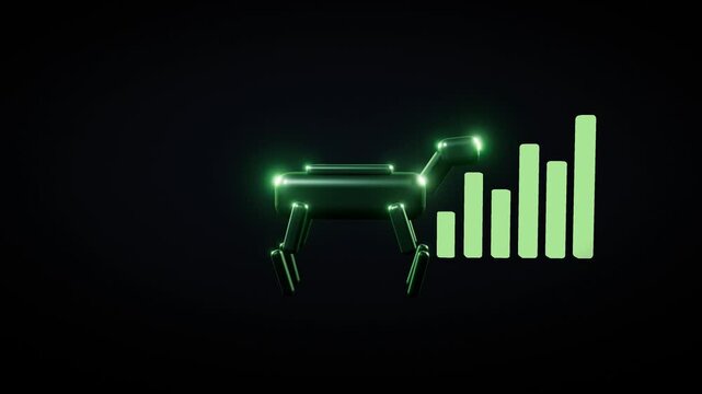 3D animation of a robotic quadruped moving past a rising bar graph, dark background, futuristic technology concept