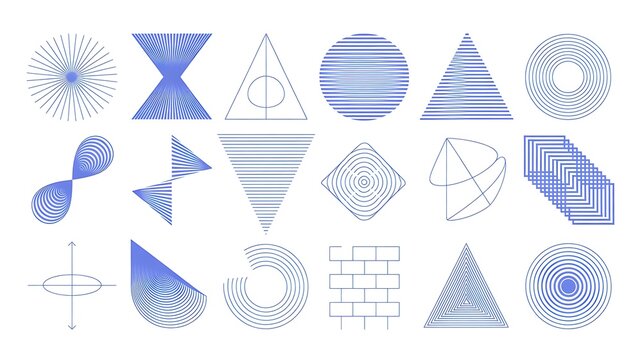 Abstract geometric line elements set. Vector blue striped shapes, arrows, triangles, circles and optical forms for modern posters, branding, editorial layouts and graphic design 