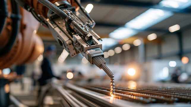 A robotic arm on a rail carries a concrete extrusion nozzle and deposits precise ribbed layers to build a hollow wall element for a modular house. The unoccupied prefabrication fac