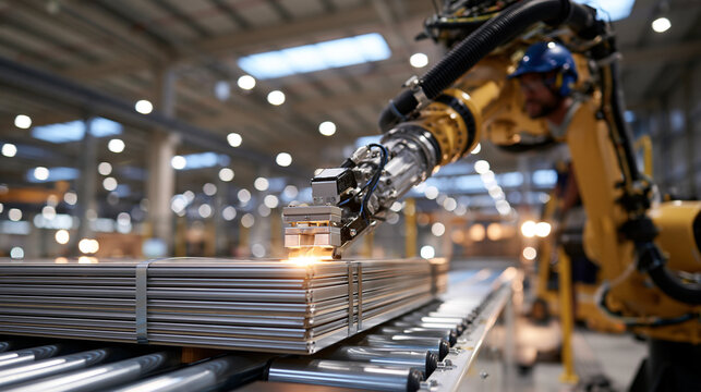 A guarded robotic strapping machine tightens steel bands around a neat stack of finished floor cassettes on a roller conveyor. The unoccupied off-site construction plant opens up a