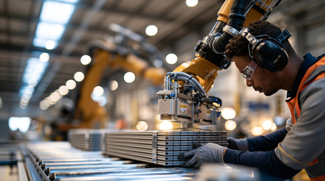 A guarded robotic strapping machine tightens steel bands around a neat stack of finished floor cassettes on a roller conveyor. The unoccupied off-site construction plant opens up a