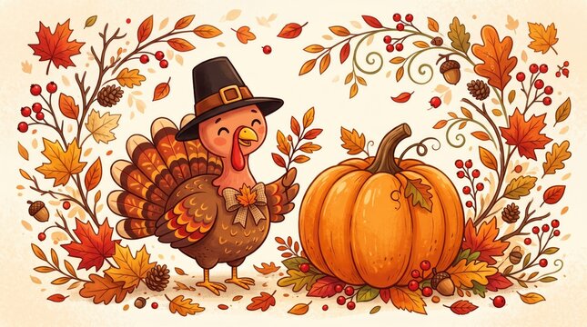 Whimsical cartoon turkey in pilgrim hat with pumpkin and autumn leaves for Thanksgiving celebration