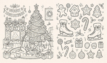 Naklejka premium Christmas Family Coloring Illustration with Tree, Fireplace, Gifts, Ornaments, Gingerbread and Winter Holiday Elements