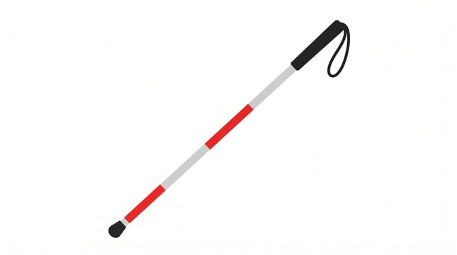 White cane for blind people on white background, mobility aid for visually impaired, red and white walking stick with black handle and wrist strap