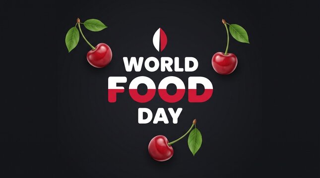 World Food Day typography on dark background, fresh red cherries with green leaves, healthy organic food concept for social media and posters