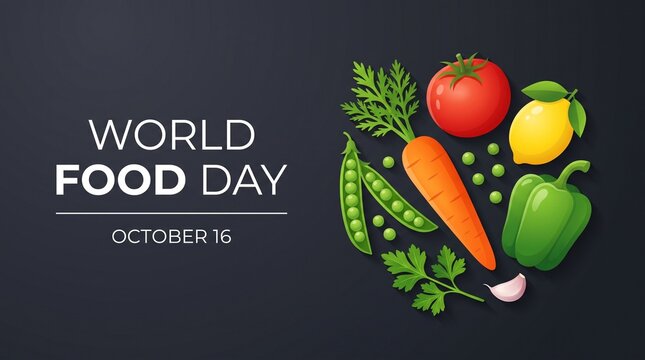 World Food Day October 16 banner, fresh organic vegetables on dark background, healthy nutrition concept with tomato, carrot and lemon