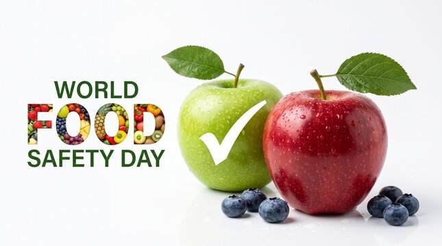 World Food Safety Day concept with fresh green and red apples, organic fruit quality check mark, healthy nutrition awareness banner on white background