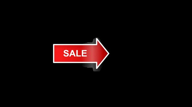 Red sale arrow pointing right animation on black background.