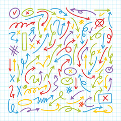 Fototapeta premium Colorful Hand Drawn Crayon Scribbles and Pencil Doodle Lines Set with Stars, Grid and Squiggles