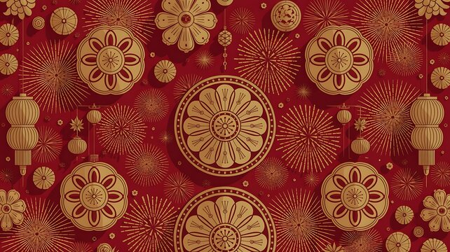 Chinese New Year vector pattern with gold floral medallions, fireworks and circular festive ornaments on dark red background for cards, wrapping and celebration designs.