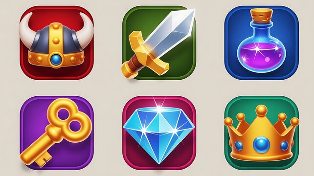 Game icon set with 3d fantasy items viking helmet, sword, magic potion, gold key, diamond and crown. Cartoon fantasy game asset icons, 3D elements with glossy effect. Vector cartoon GUI collection 