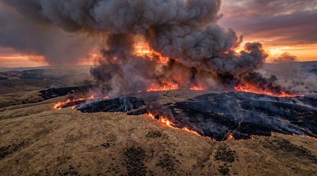 Devastating intense wildfire burning across a dry golden grassy hillside with massive plumes of thick grey smoke rising into the sunset sky.