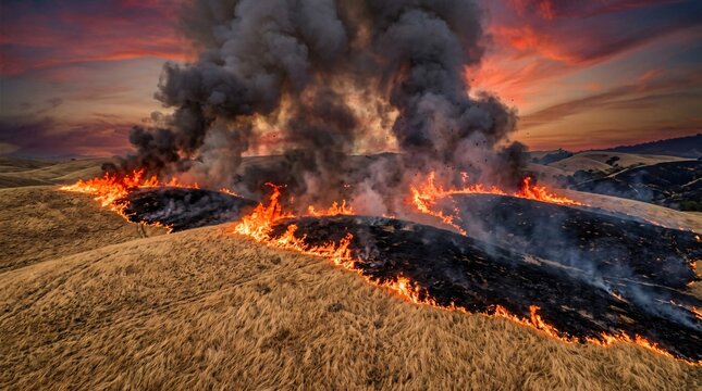 Devastating intense wildfire burning across a dry golden grassy hillside with massive plumes of thick grey smoke rising into the sunset sky.
