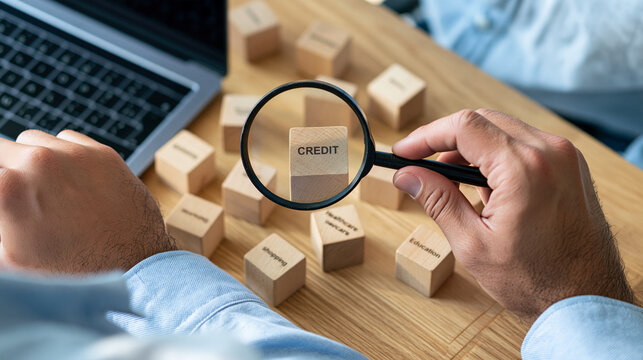Top-down view of a focused financial advisor's hands inspecting a wooden credit block with a magnifying glass, surrounding blocks for banking, savings, shopping, healthcare and edu