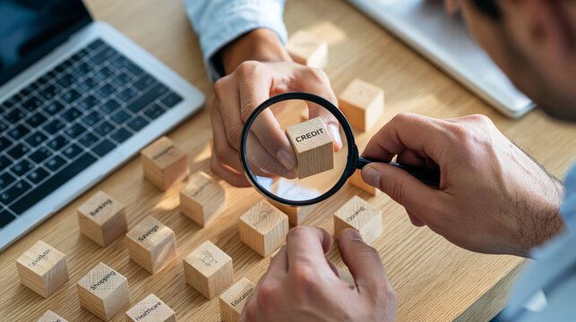 Top-down view of a focused financial advisor's hands inspecting a wooden credit block with a magnifying glass, surrounding blocks for banking, savings, shopping, healthcare and edu