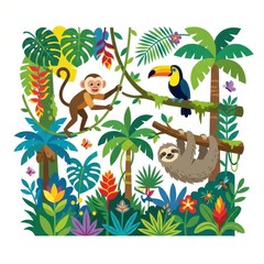 Fototapeta premium Jungle scene with monkey sloth and toucan