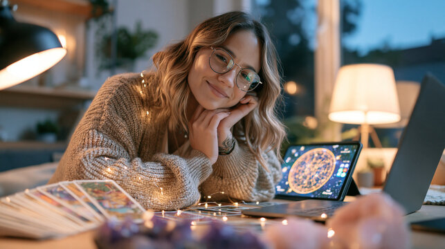Modern female astrologer in a cozy home studio speaking to a laptop during a video consultation, a tablet showing a glowing circular birth chart beside her, tarot cards fanned acro
