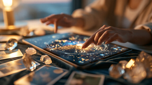 Close-up of a modern female astrologer's hands touching a tablet with a digital birth chart, tarot cards and polished crystals arranged on a dark velvet cloth around it, astrology,