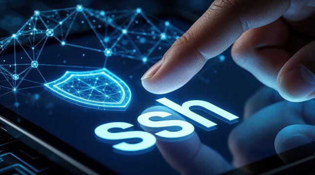 Close up of finger touching glowing digital interface with SSH secure shell for network security and data protection. Access granted to system.