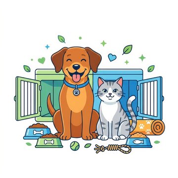 Cute dog and cat with pet supplies vector illustration