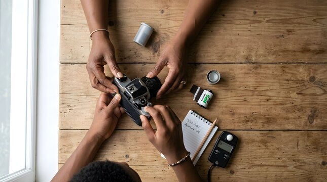 Vintage film camera held by two people learning photography skills with analog equipment and a light meter on wooden desk
