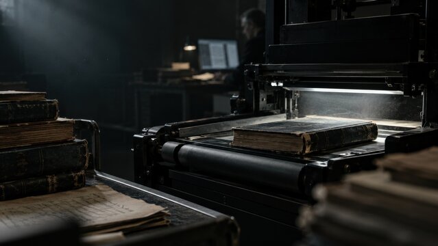 An Illuminated Printing Press Capturing the Essence of Traditional Book Production with Ancient Texts and Modern Technology in a Dimly Lit Workshop