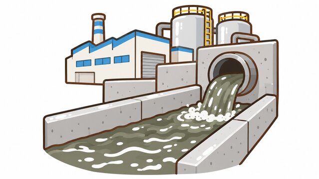 工場から汚水が排水溝へ流れ出る環境汚染問題を描いたイラスト