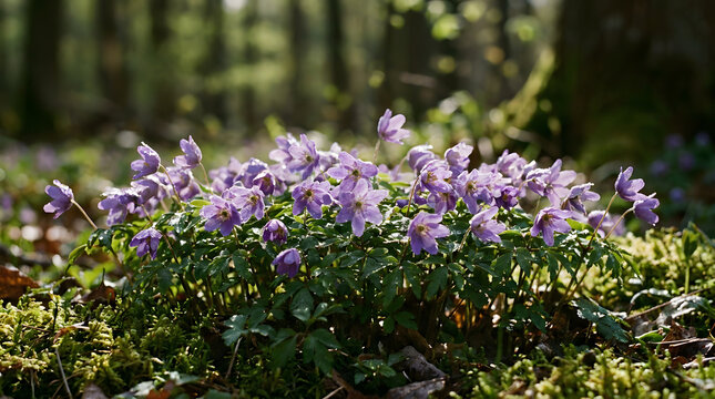 Cluster of blooming purple hepatica flowers on a mossy forest floor