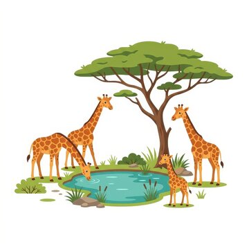 Giraffes drinking water at oasis vector illustration