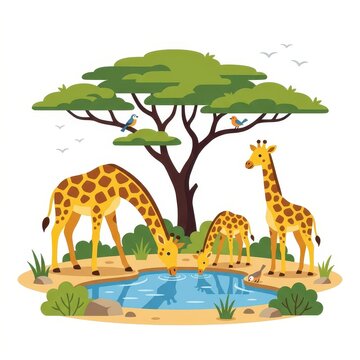 Giraffes drinking water at oasis vector illustration